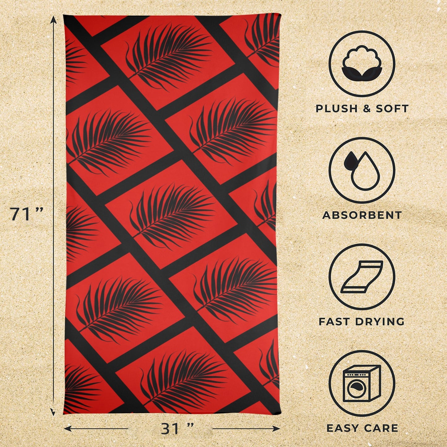 Red Palm Leaf Beach Towel