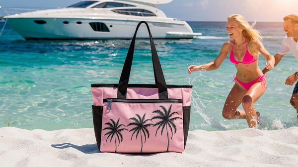 pink palms beach tote bag
