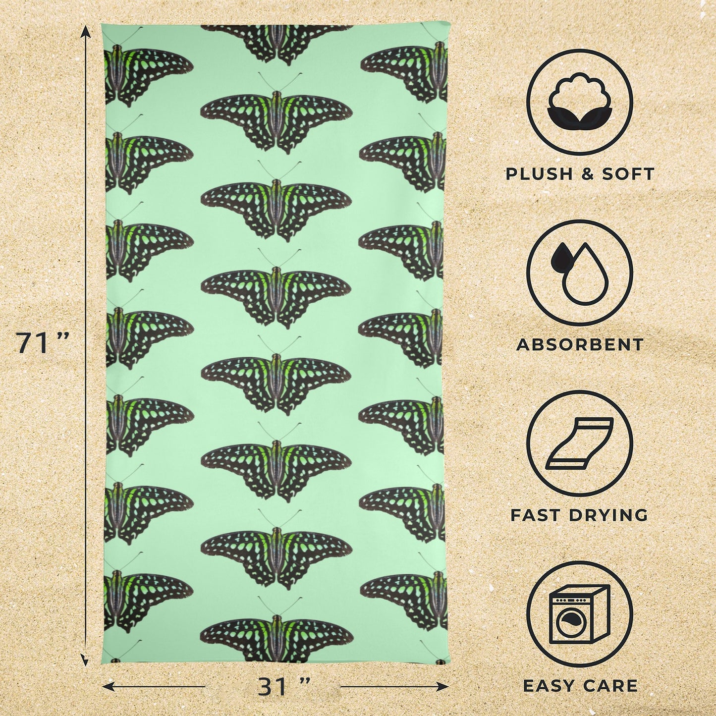 Green Triangle Butterfly Beach  Towel