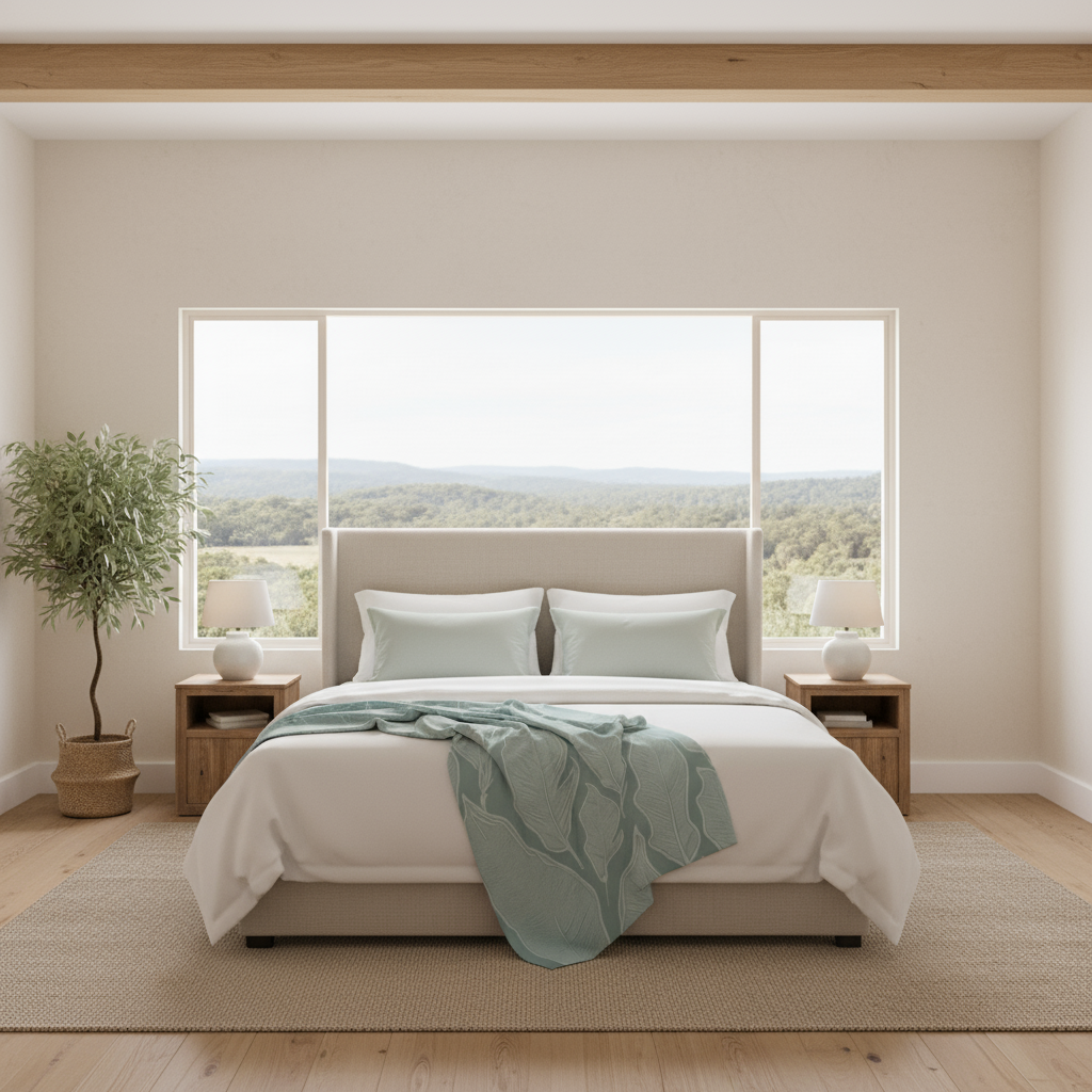 Modern bedroom with a large window view, bed with white bedding and green blanket, and side tables with lamps.