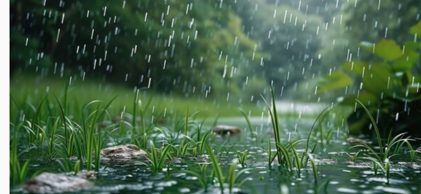 Raindrops falling on grass with a blurred background