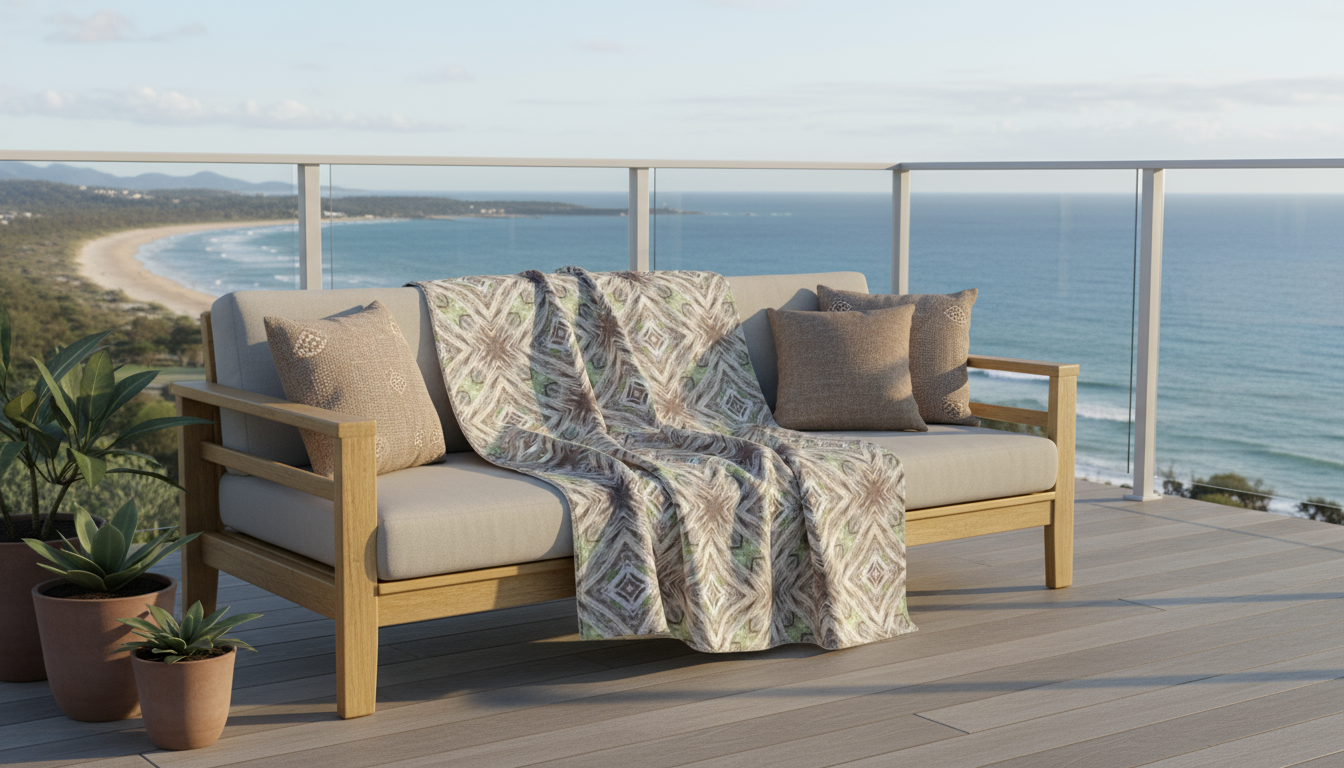 outdoor patio lounge with caloundra beech tree blanket