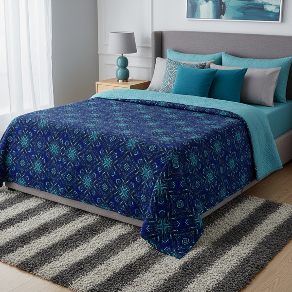 Bedroom with a bed featuring a blue patterned comforter and teal pillows, on a striped rug.